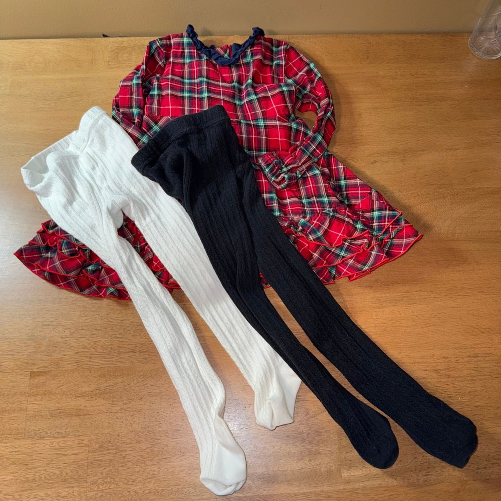 SweetHoney Girls Red Plaid Holiday Dress 3T with Black and White Tights Set